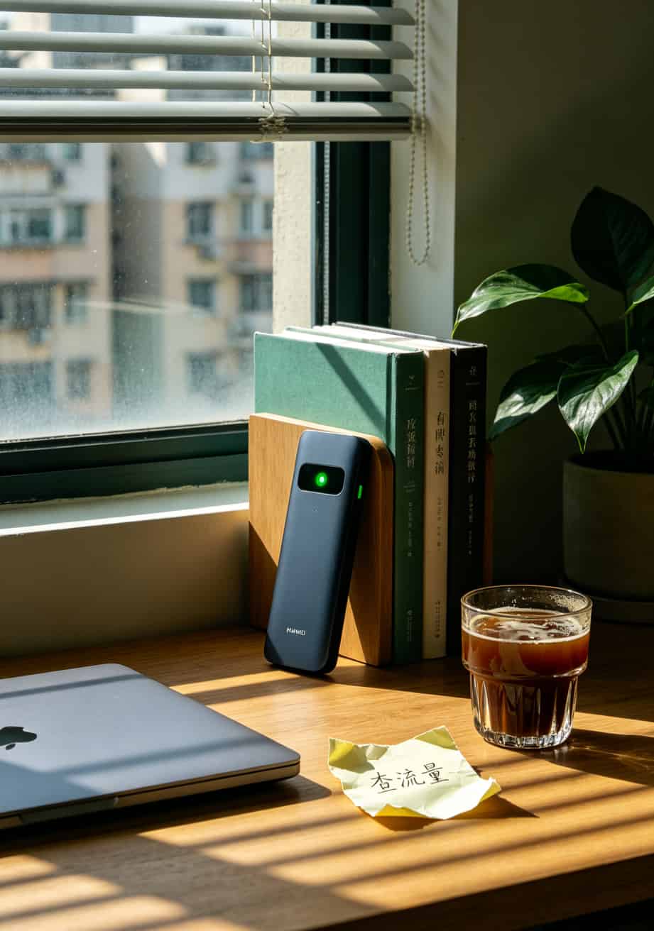 纯流量了卡申请前不看你血亏:华为随身WiFi插卡避坑指南(附真实踩坑案例) 华为E5576立在书架上的远景,背景是书桌和咖啡杯,营造日常使用场景