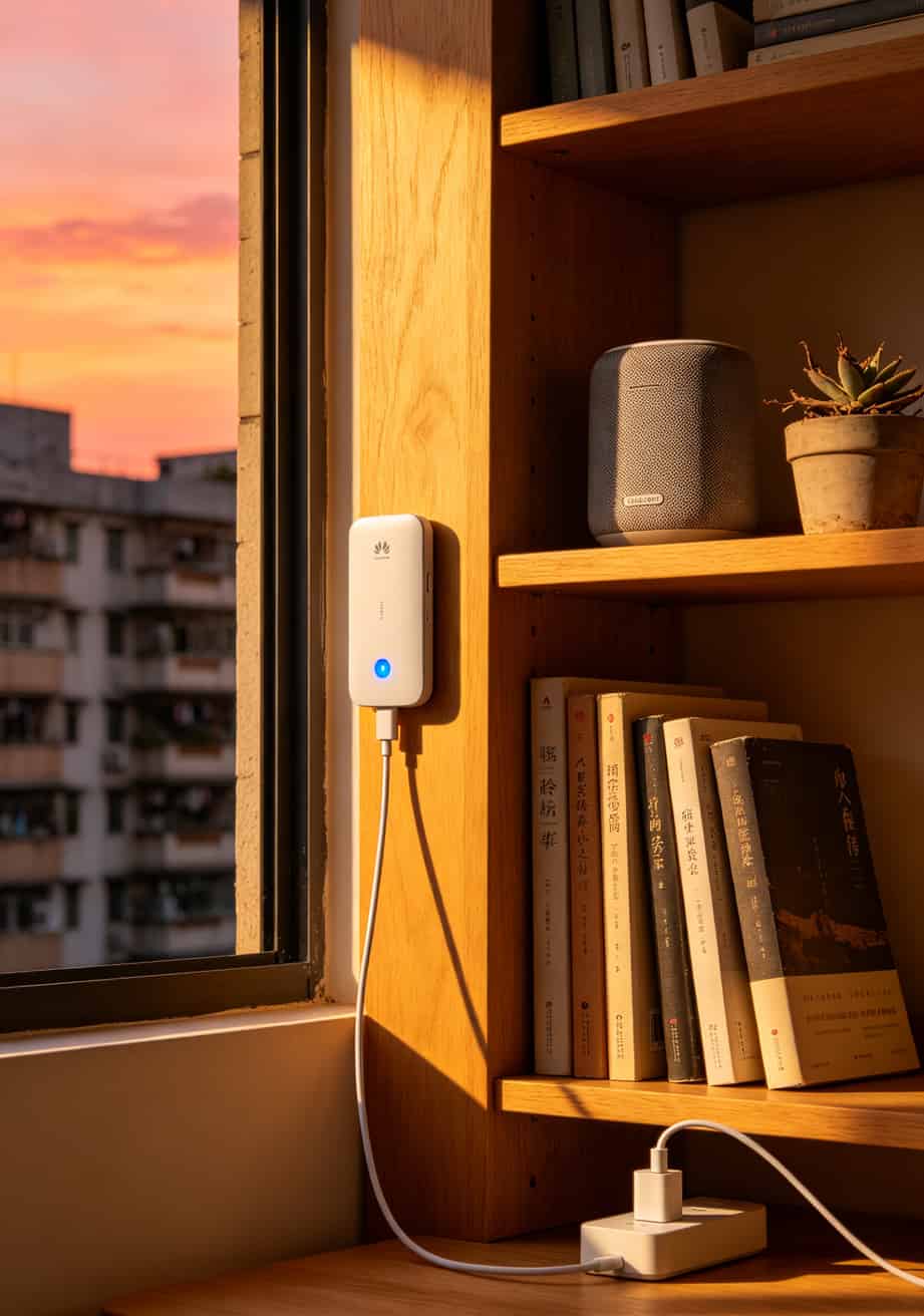 90块闲鱼捡华为随身WiFi,自己办200g流量卡,一年省下400块宽带费 博主把E5785放在窗边书架上使用的实拍图