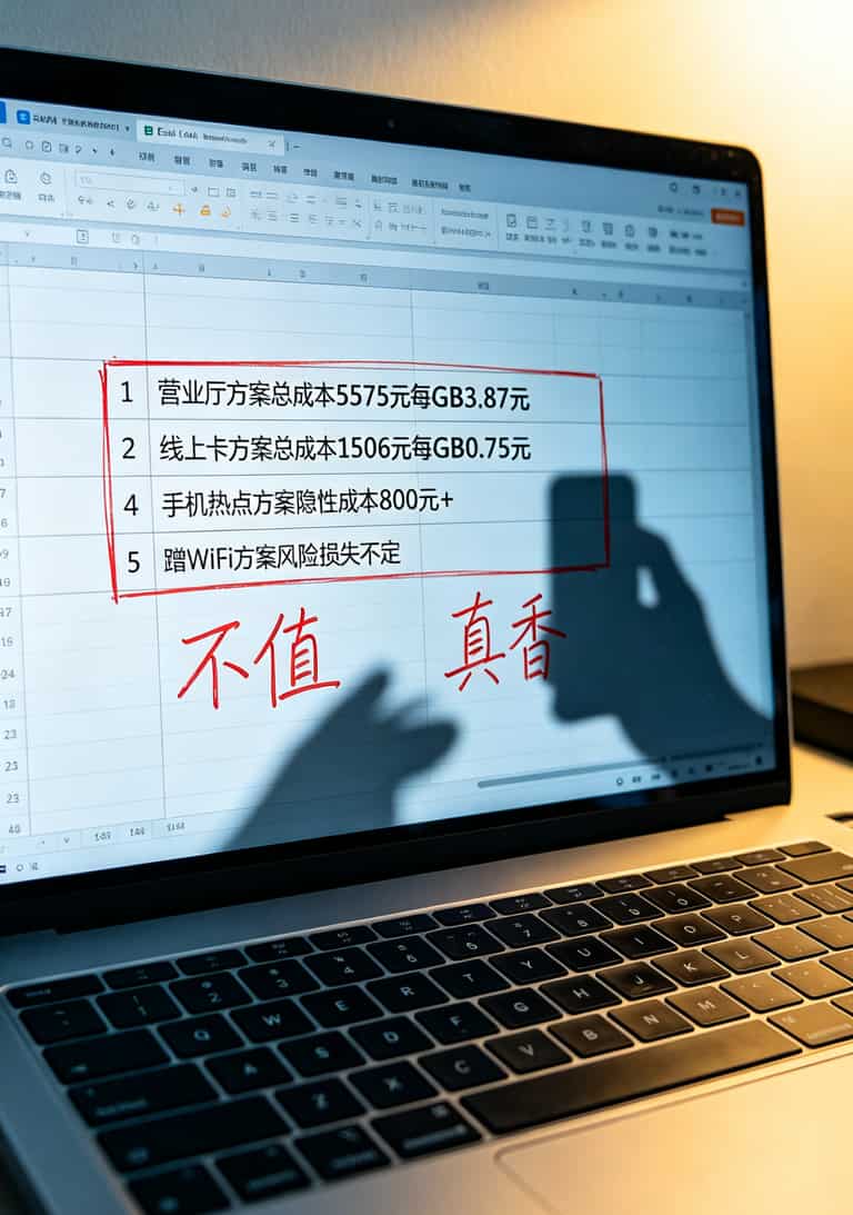 5g流量卡哪家强?我自费测了6张卡,这份账单你直接抄 一张Excel表格截图,四行分别列出营业厅、线上大流量卡、手机热点、蹭WiFi的两年成本和每GB单价