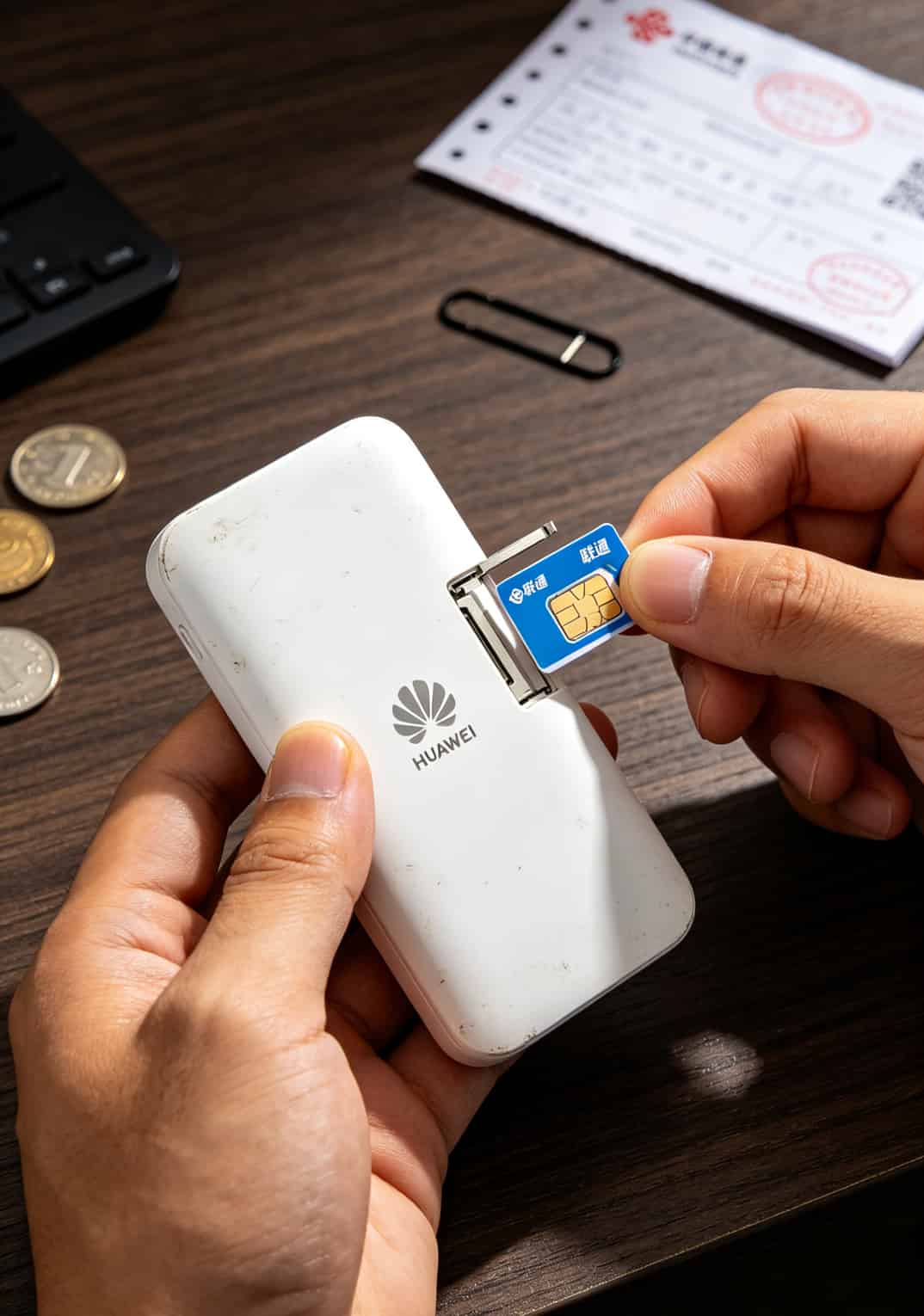 手拿华为随身WiFi设备展示插SIM卡的位置