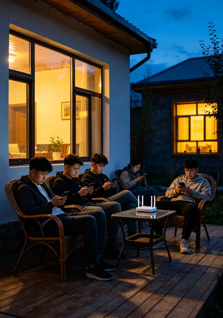 伊犁民宿外景，客人正在用手机连接WiFi