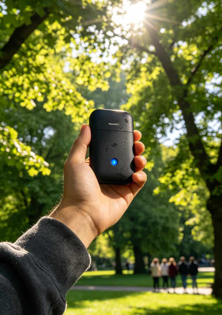 手持华为随身WiFi在户外使用的实拍图，背景是公园绿植