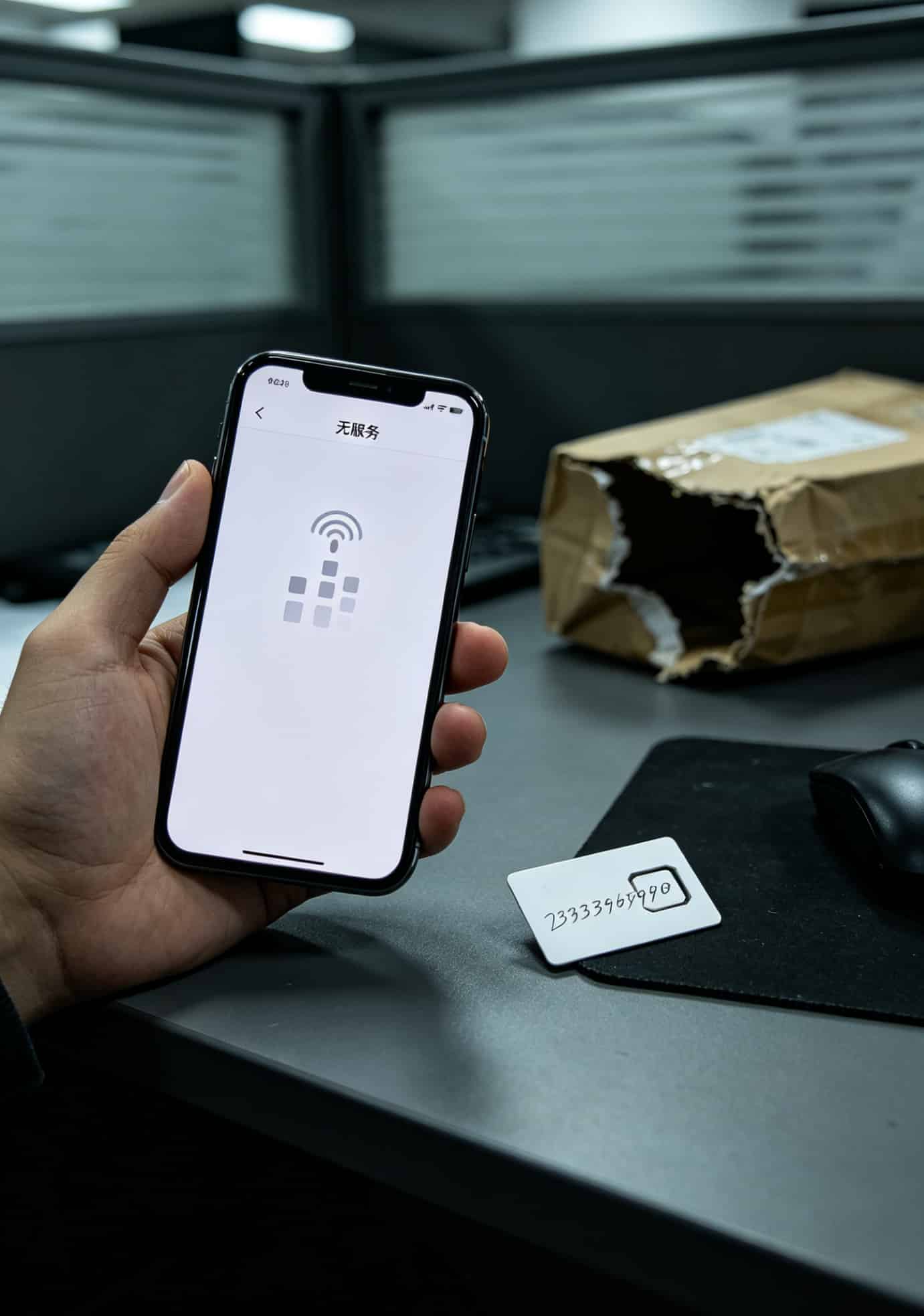 一张25元移动流量卡配上华为随身WiFi,我当小白鼠八个月的实话 手机屏幕显示无服务,旁边放着一张白色空白SIM卡