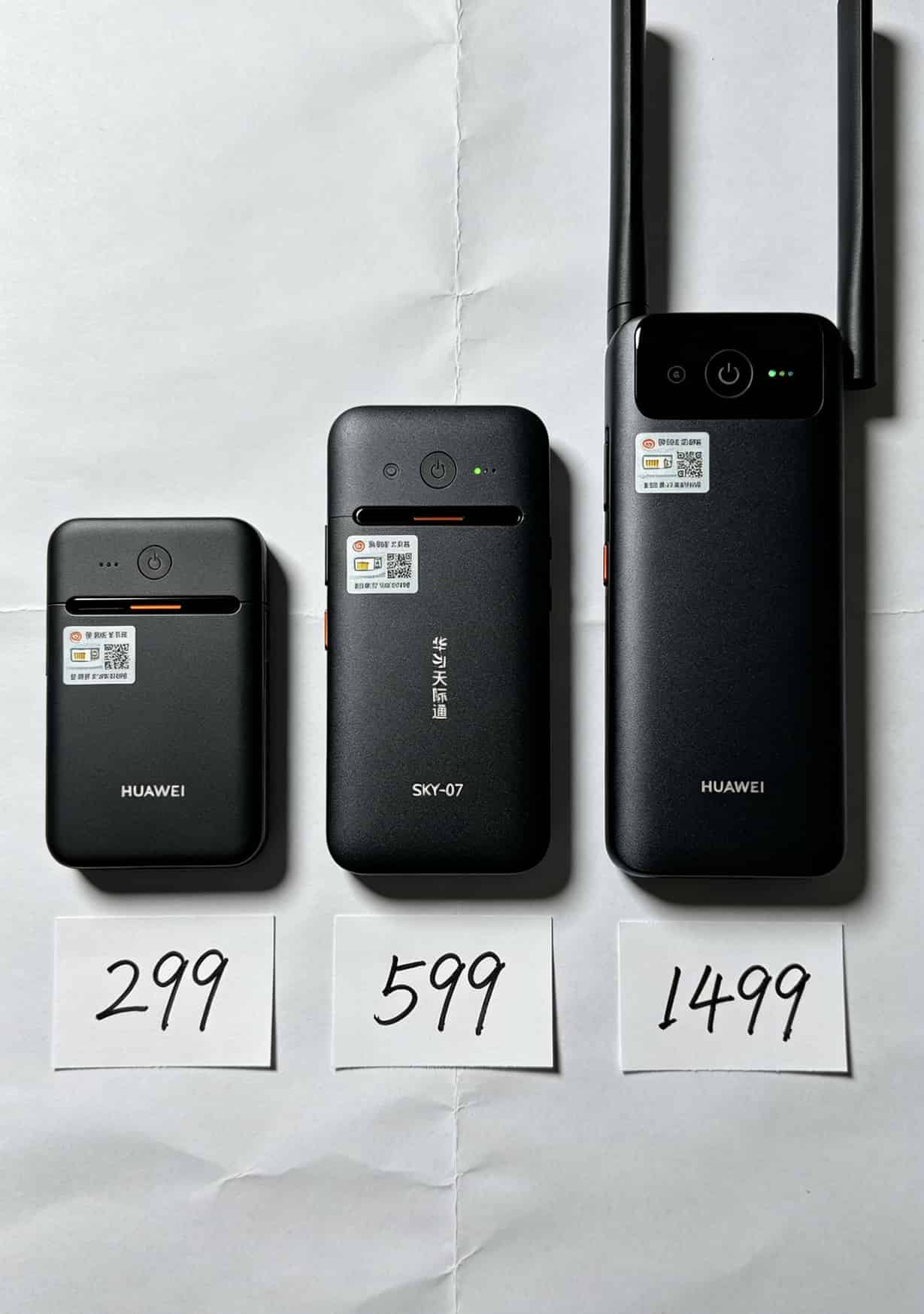 华为三款随身WiFi并排放置的对比图，标注型号和价格