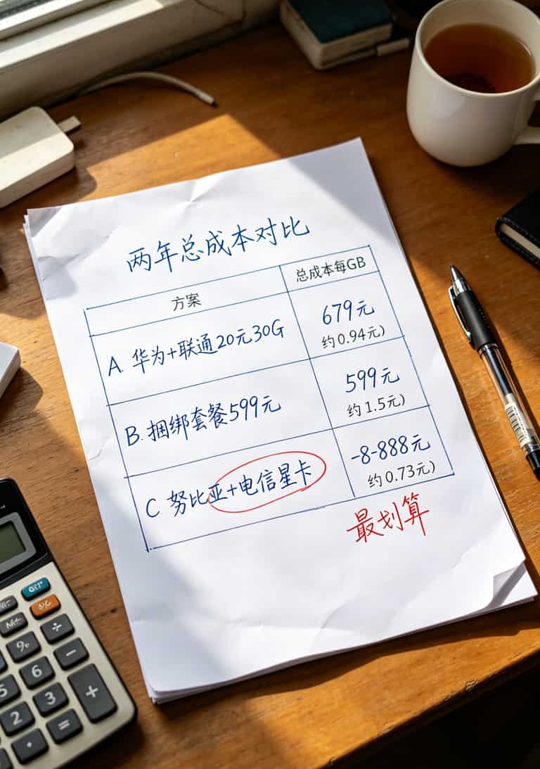 三年方案费用对比表格，方案A/B/C总成本和每GB单价
