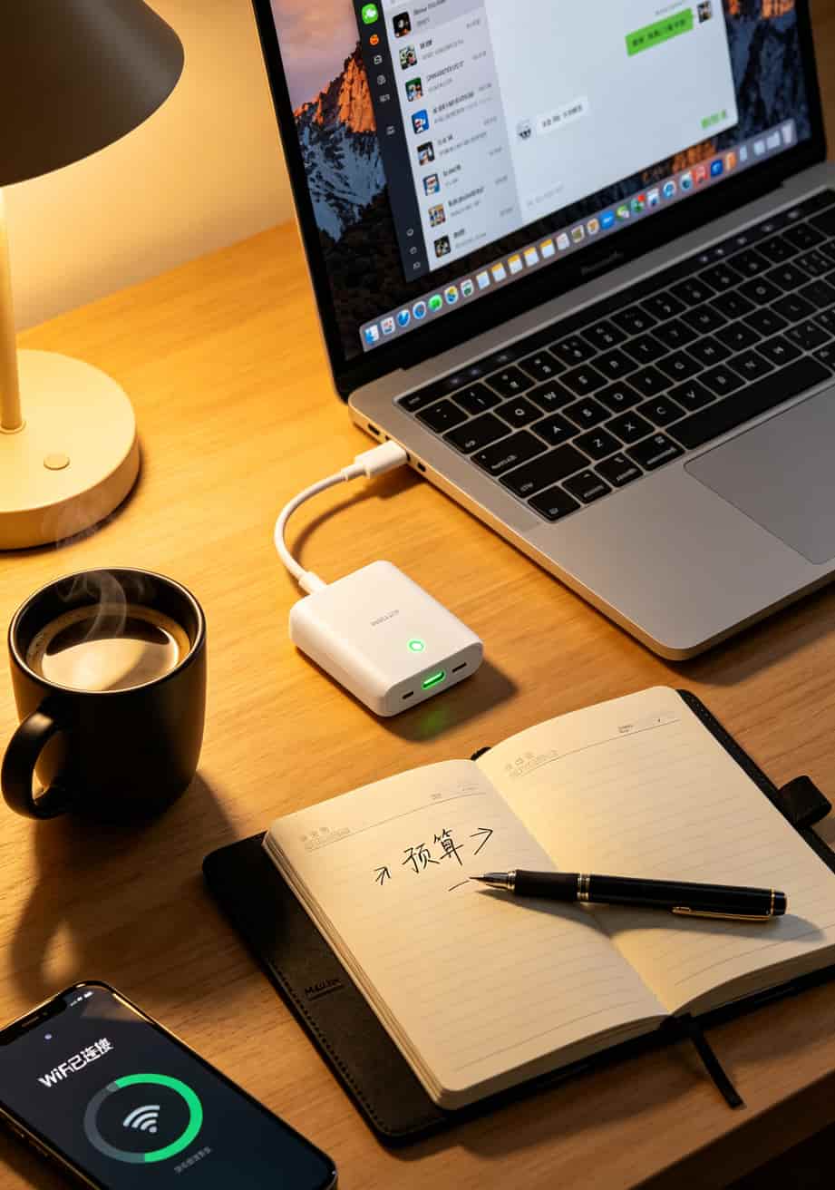 一个人在办公桌上同时使用笔记本电脑和随身WiFi