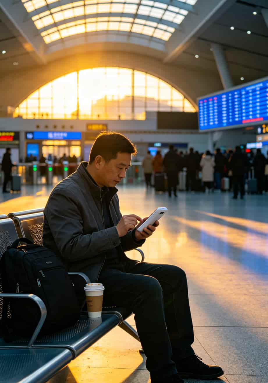 郑州东站候车大厅里一个人手里拿着小型的随身WiFi设备