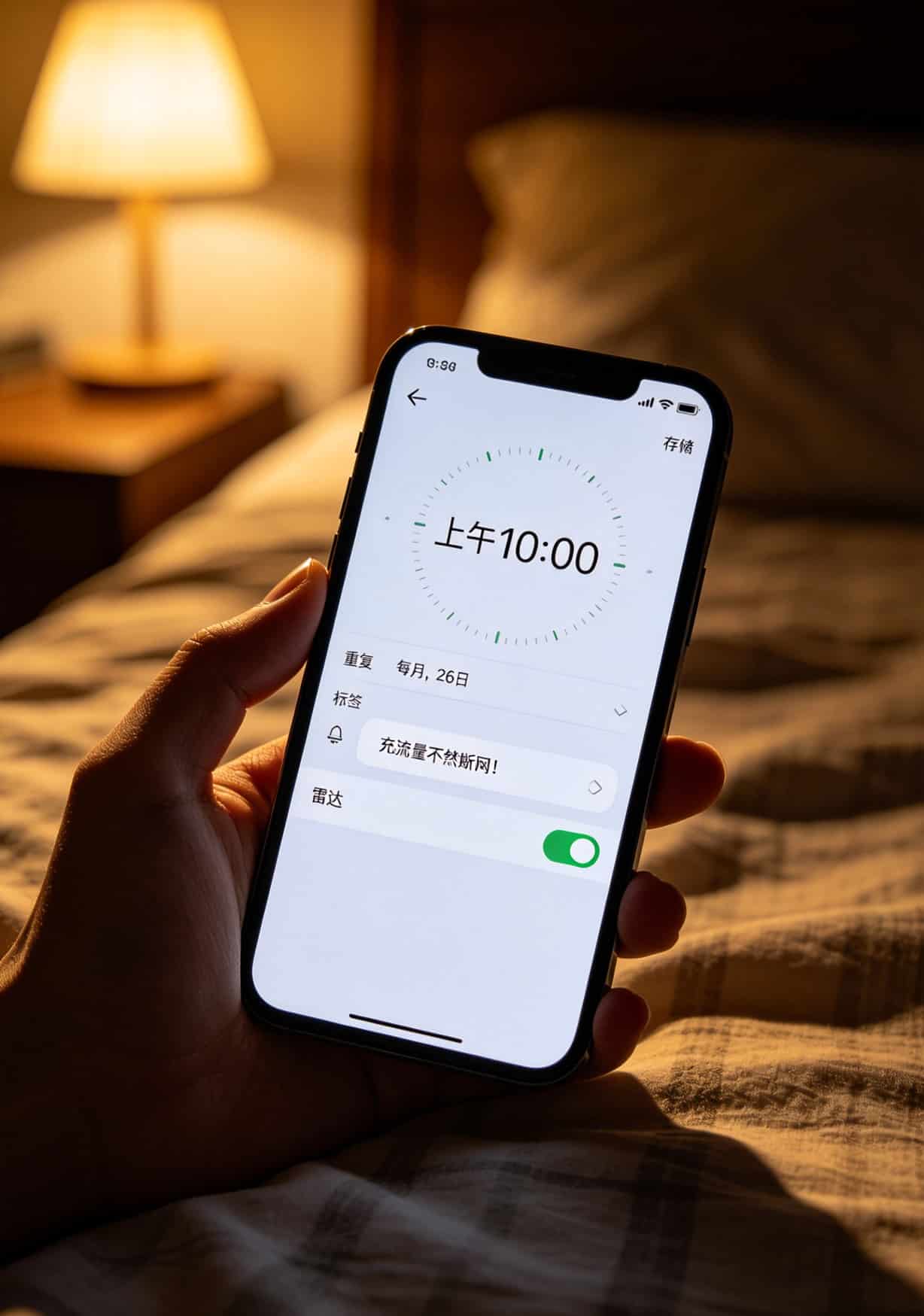 华为随身WiFi配上不换卡流量套餐,跑了30天差的人跟你说:这钱花得值 手机闹钟设置截图,显示每月26日提醒,备注“充流量不然断网”