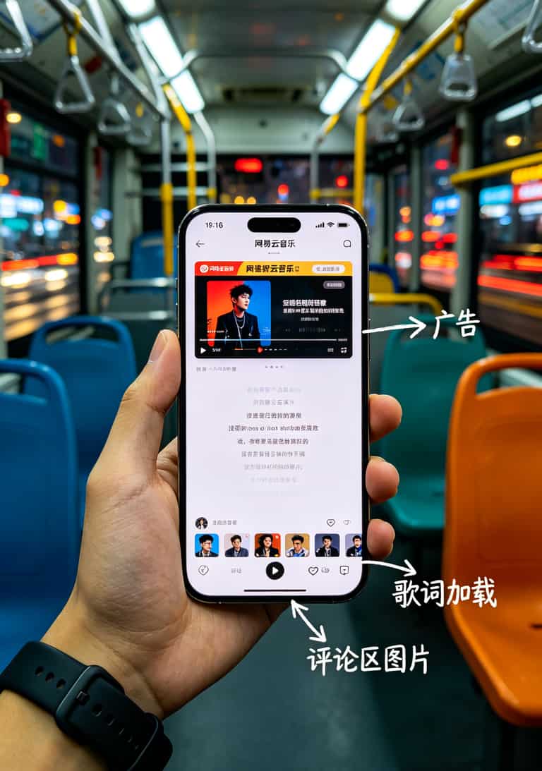 19块钱200G的“宝卡全国定向流量”,我办了三个月就销号了 网易云音乐播放界面,旁边标注“广告”“歌词”“评论区”三个箭头