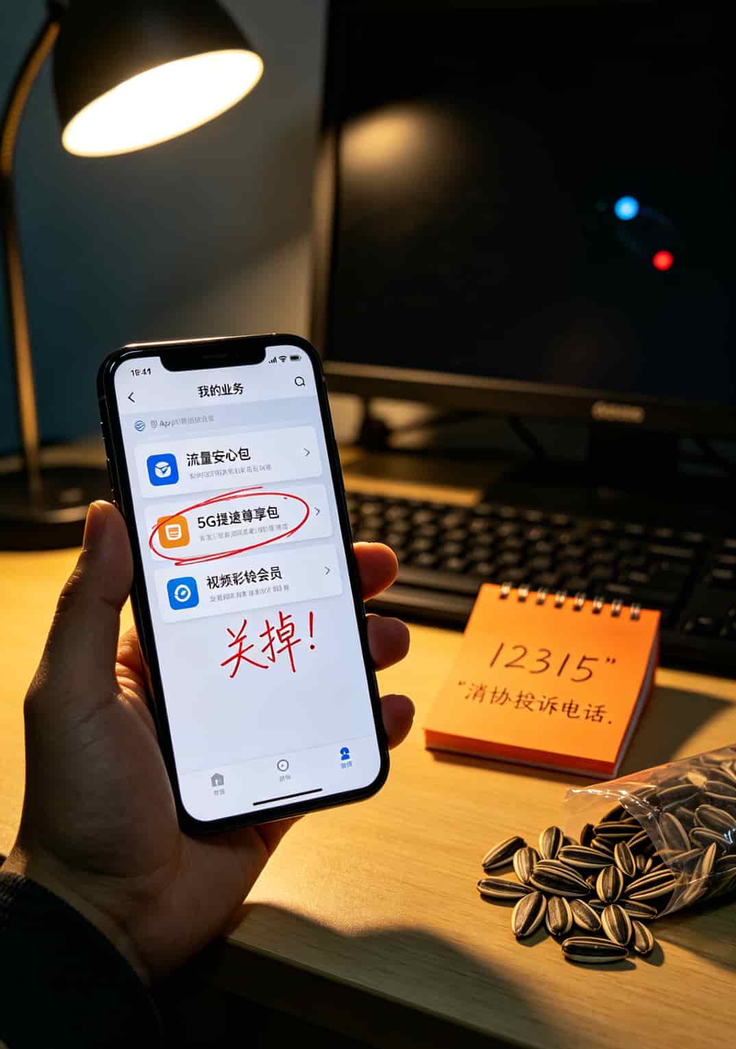 办了5张19块200G流量sim卡,我全扔了(含避坑清单) 运营商App“已订业务”页面截图,标注需退订的增值服务项