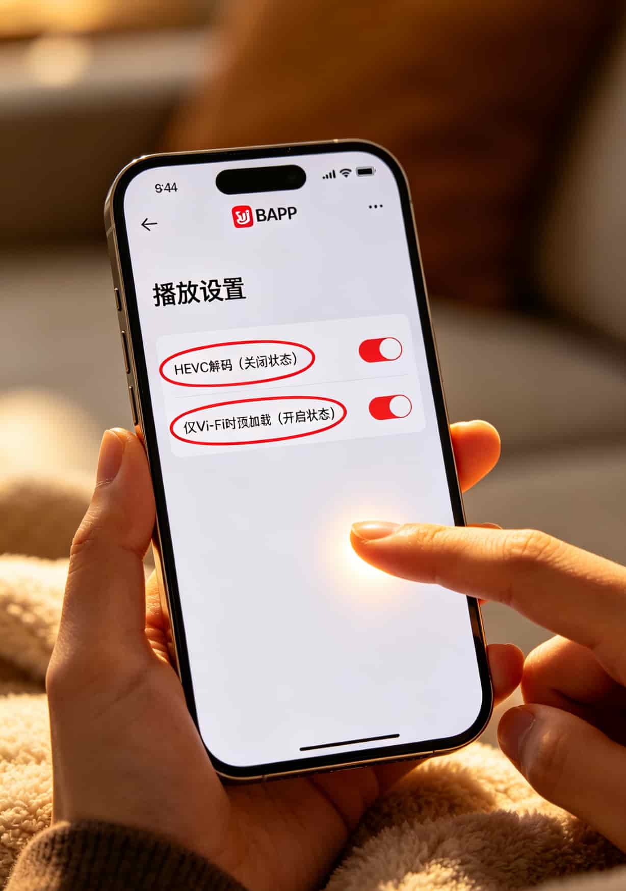 B站免流量卡究竟好不好?我花3个月烧了400块,把实话全撂这了 B站播放设置界面截图,红框圈出“HEVC解码”和“仅Wi-Fi时预加载”选项,旁边手指准备点击