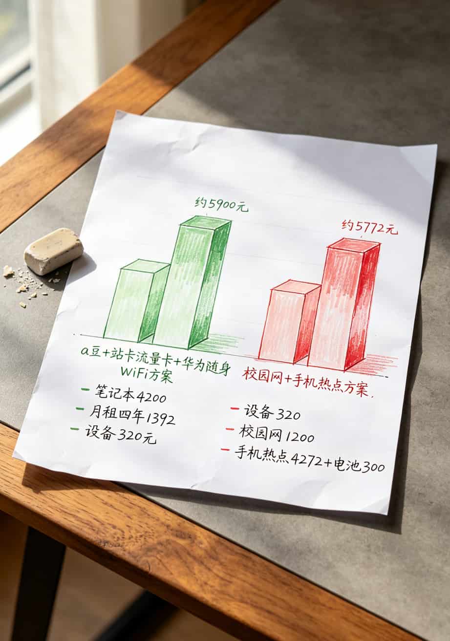 学生党b站卡流量卡怎么配最省钱?华硕a豆+华为随身WiFi四年省两千(亲测) 四年费用对比柱状图,笔记本+流量卡方案VS校园网+热点方案