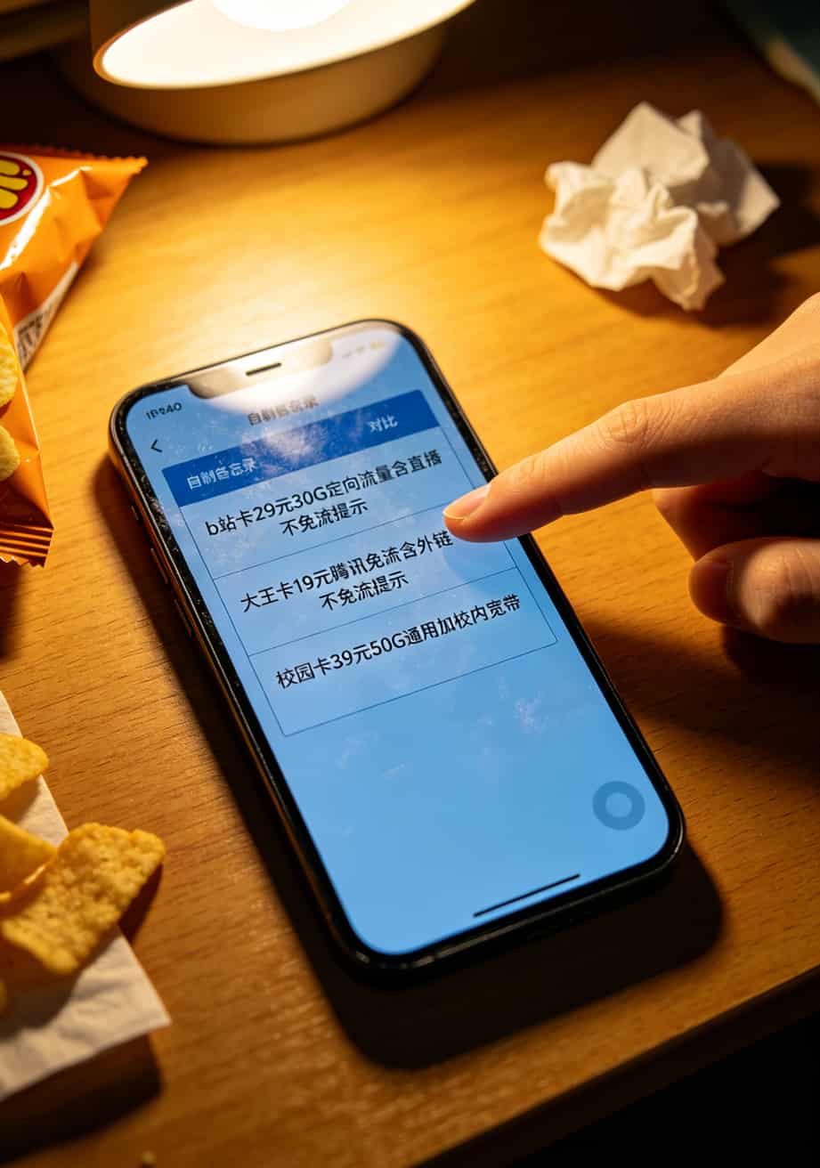 学生党b站卡流量卡怎么配最省钱?华硕a豆+华为随身WiFi四年省两千(亲测) 手机屏幕显示流量卡套餐对比表格,b站卡、大王卡、校园卡