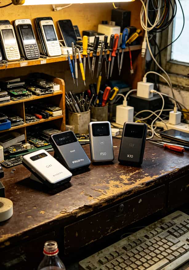 办流量卡哪里正规?我修了六年随身WiFi,说实话这三个渠道才靠谱 郑州科技市场数码维修店工作台上摆着四台中兴随身WiFi