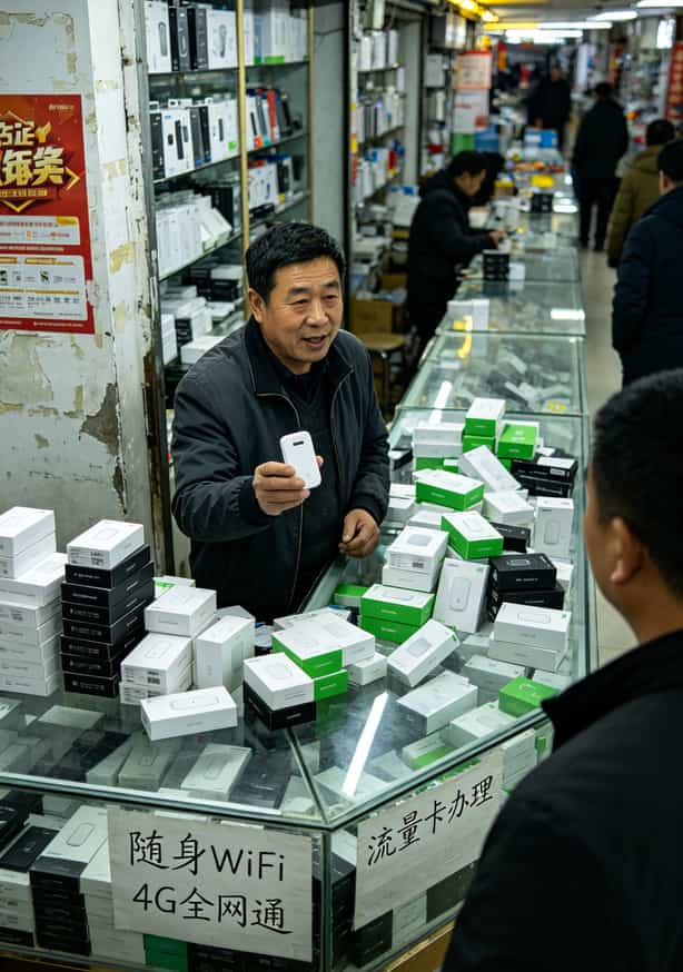 任丘办流量卡办理踩坑3次后,我整理出这份随身WiFi避坑指南 任丘华北商贸城二楼电子产品区实拍,柜台摆满各种随身WiFi设备