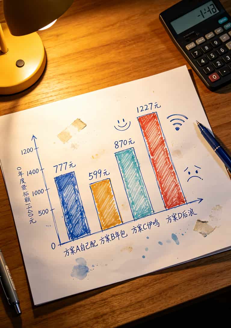 任丘办流量卡办理踩坑3次后,我整理出这份随身WiFi避坑指南 四种随身WiFi方案年成本对比柱状图