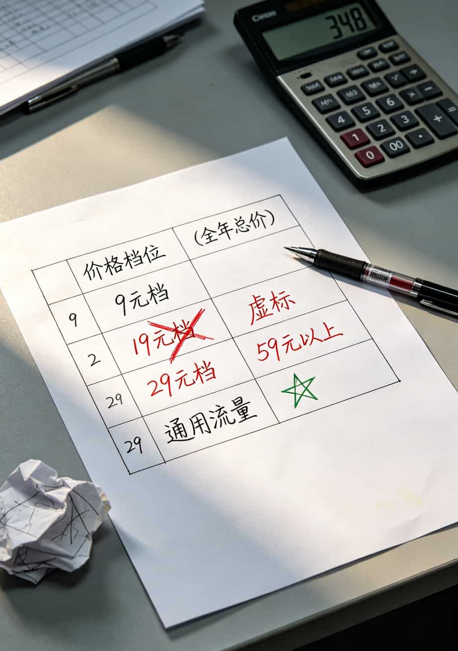 办什么卡便宜流量多?29元100G才是正常价,低于这个数我劝你别碰 四档价位流量卡优缺点对比图,9元、19元、29元、59元以上各档位核心指标