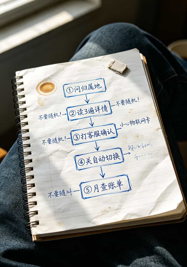 办理流量卡的完整流程图，从查询归属地到激活后确认套餐共5步