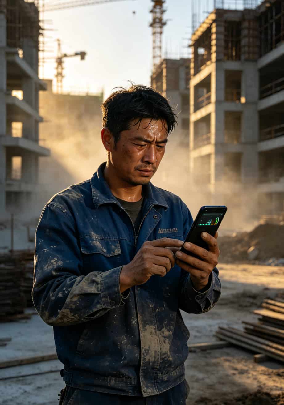 工程人员在工地现场查看手机信号