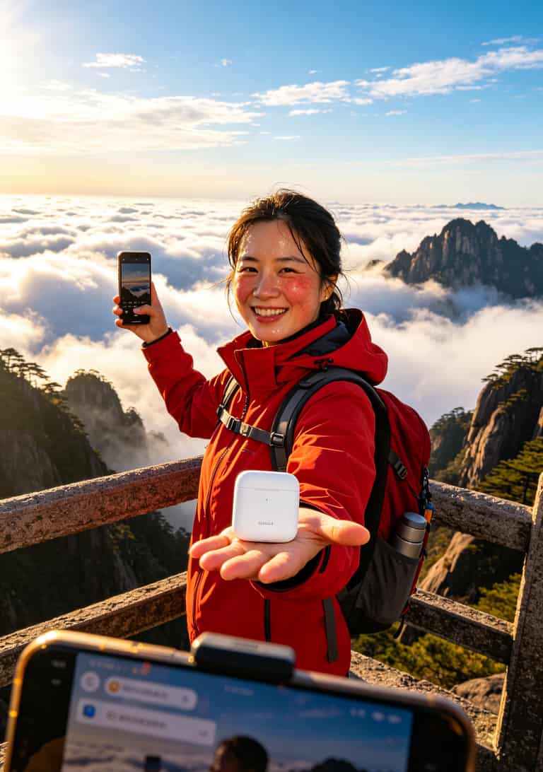 黄山顶上游客用随身WiFi发朋友圈
