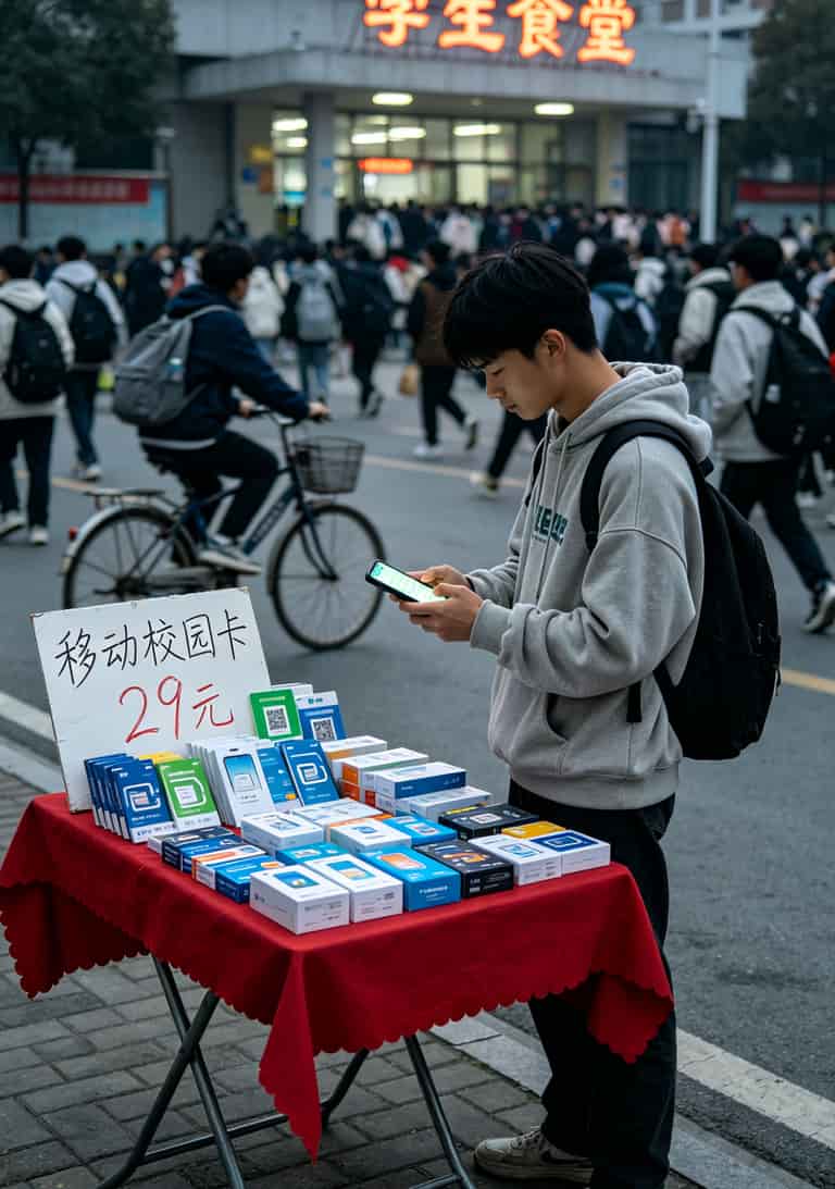 我试了17张卡才敢说真话:不限量流量卡哪个好哪里能办理?这一篇给你讲透 校园内办理手机卡的地摊摊位照片