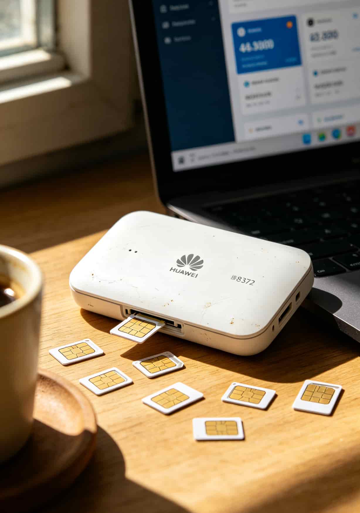 华为随身WiFi流量卡终极避坑:到底办理哪种卡流量多?我实测12张卡告诉你答案 华为随身WiFi和一堆废流量卡摆在一起的照片