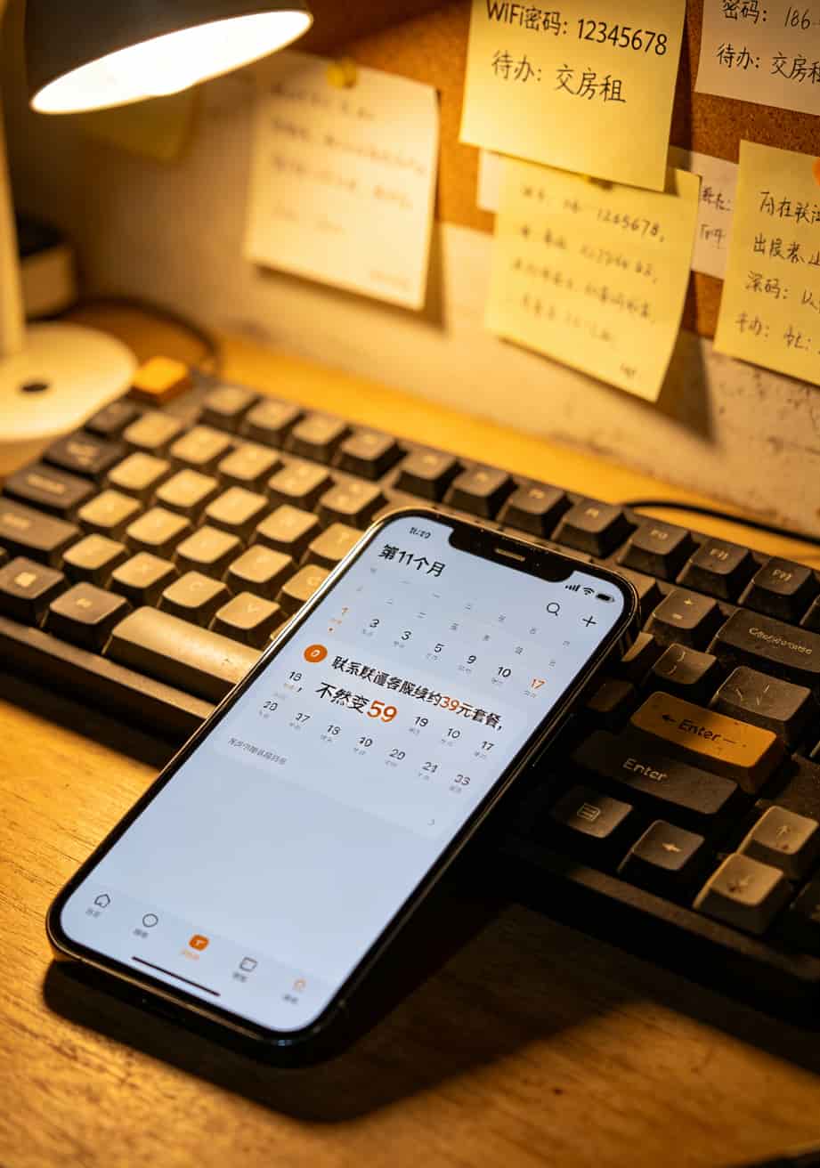 手机日历提醒截图：“第11个月联系联通客服续约39元套餐”
