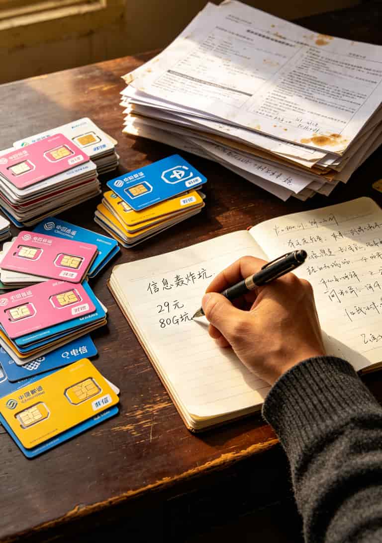 老周办公桌上堆叠的各种流量卡和套餐合同