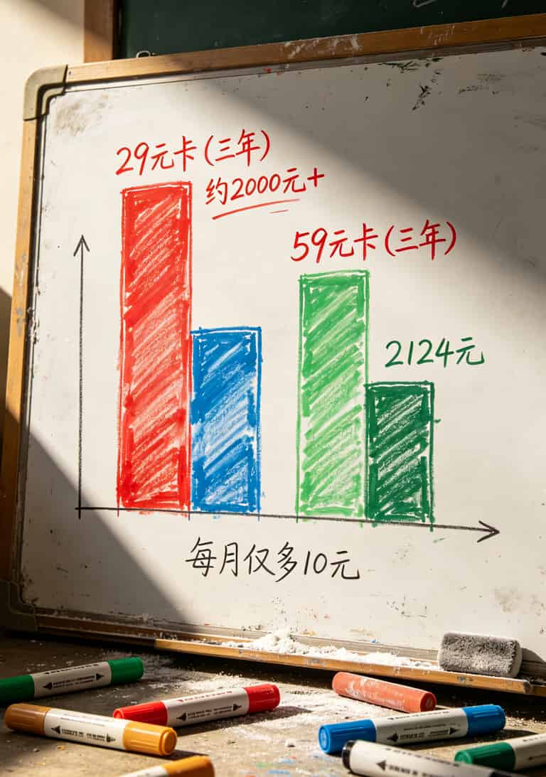 三年话费对比柱状图，29元套餐三年总成本与59元套餐对比