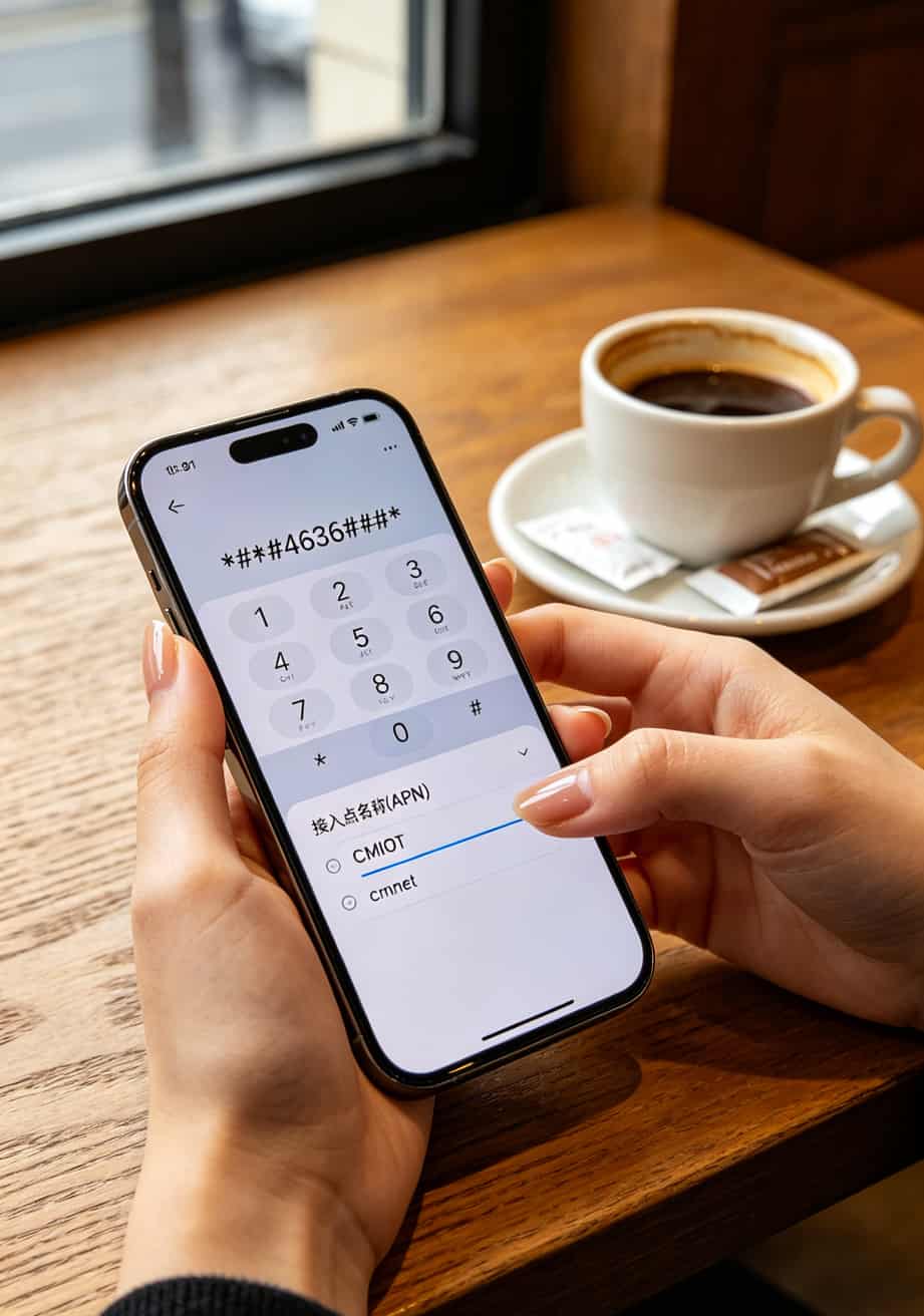 手机APN设置界面截图，显示CMIOT配置以及信号测试代码输入画面