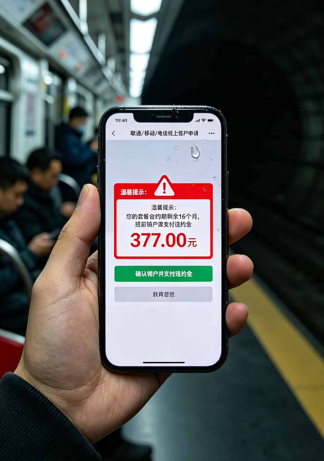 运营商APP注销页面截图，标注违约金提示
