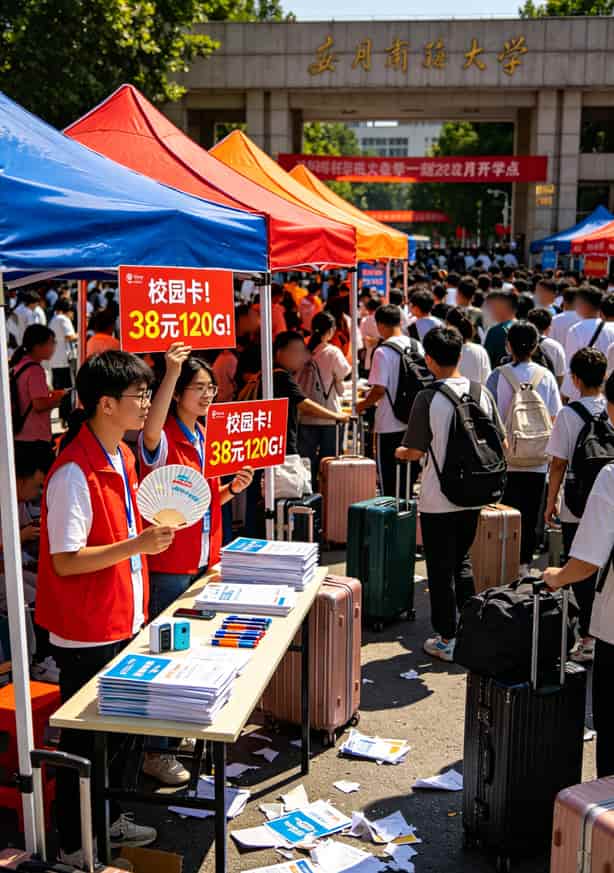 运营商营业厅门口办卡摊位，开学季人山人海