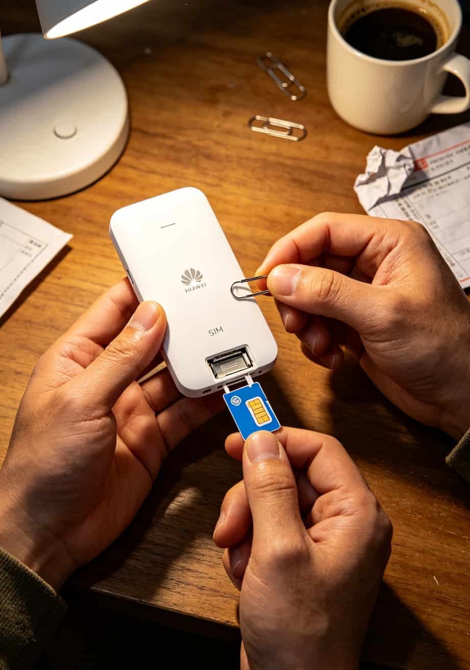 华为随身WiFi到底配哪张流量卡最省钱?我换了11张卡实测告诉你答案 华为随身WiFi插拔SIM卡操作步骤示意图