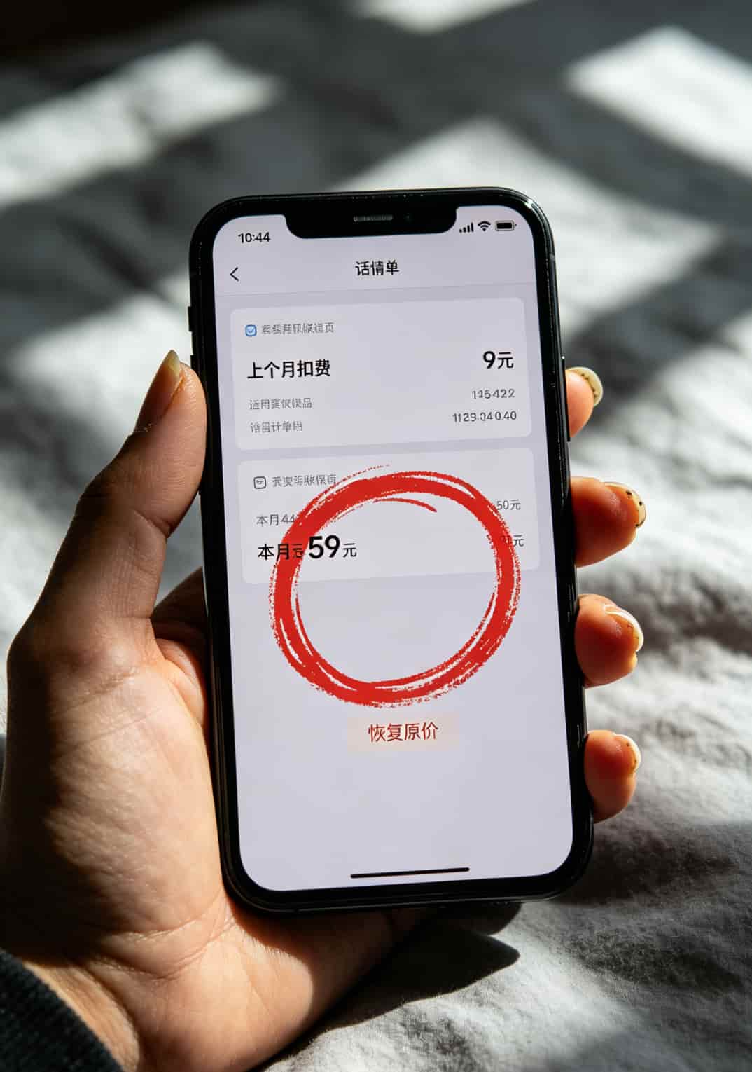 办哪个流量卡流量多?我拿6张卡实测俩月,这张脸都丢尽了 手机截图显示首月9元次月59元的扣费记录对比,用红圈标出了小字位置