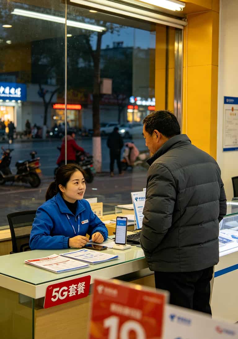 老周在电信营业厅柜台前咨询流量卡套餐