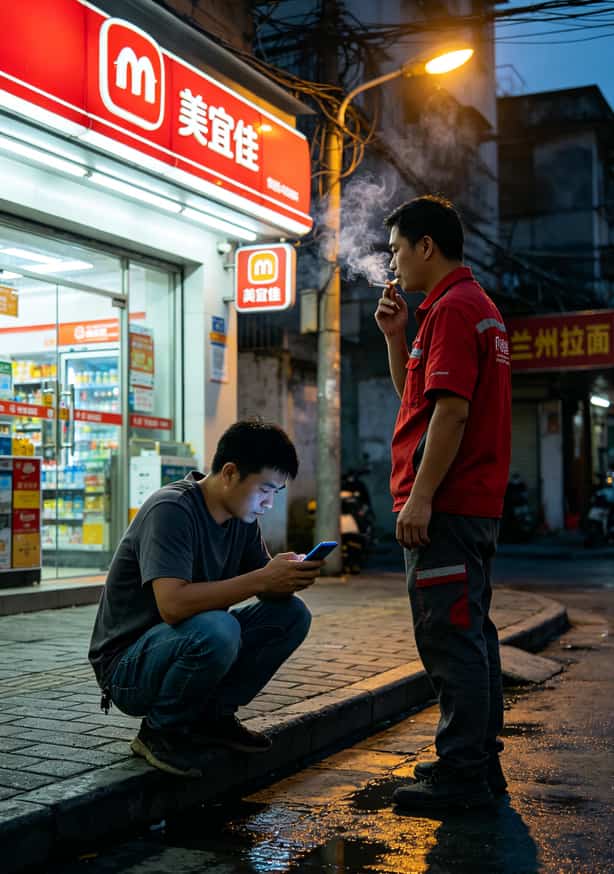19块钱200G的“宝卡全国定向流量”,我办了三个月就销号了 一个人在便利店门口蹲着低头看手机,旁边站着穿快递服的男子