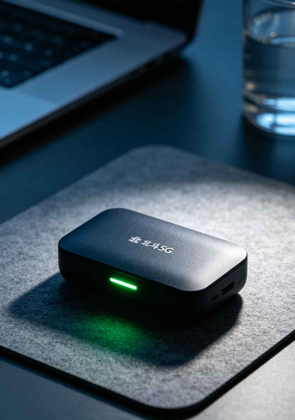 北斗5G随身WiFi设备亮着绿灯放在桌面上