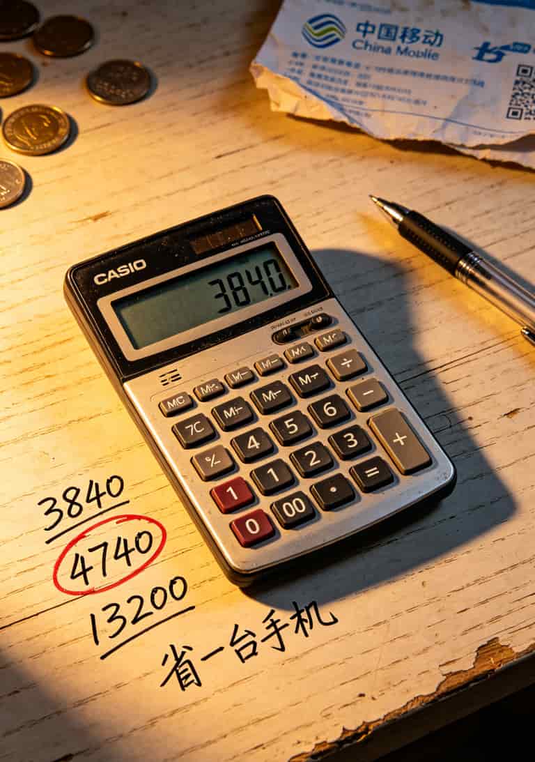 计算器上显示3840、4740、13200三个数字对比
