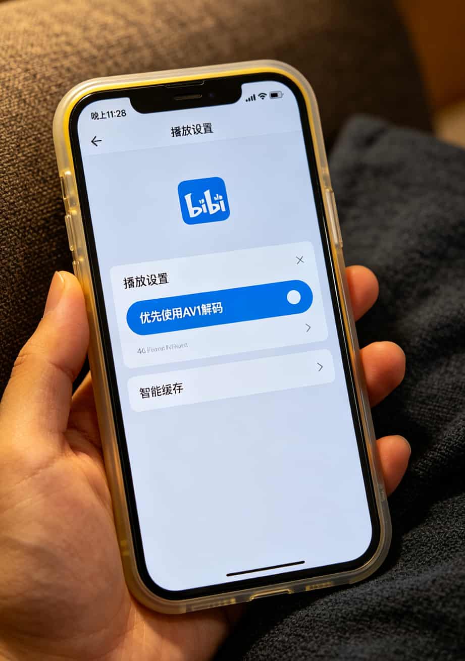 B站播放设置界面，AV1解码选项位置