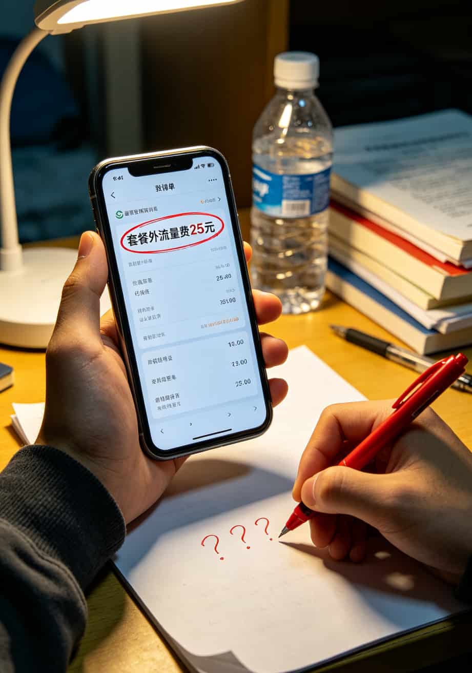 学生党办卡避坑:39电信流量卡套餐介绍+三年能省一部手机钱 手机话费账单截图,标注套餐外流量扣费25元