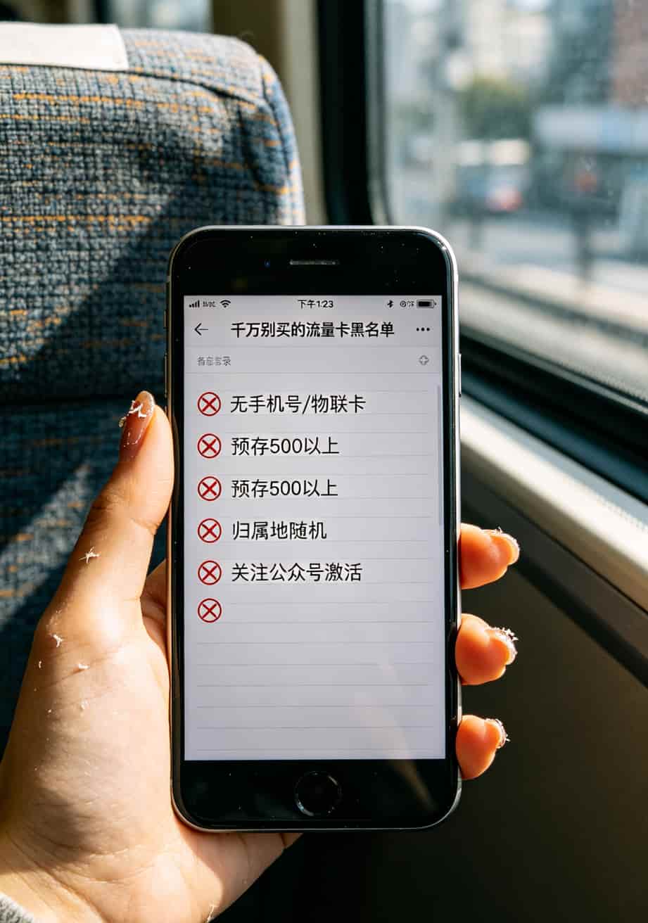流量卡避坑指南:我翻了7次车才找到的便宜又划算的手机流量卡,月省90块 手机屏幕显示黑名单列表的备忘录截图,每条前面有红叉