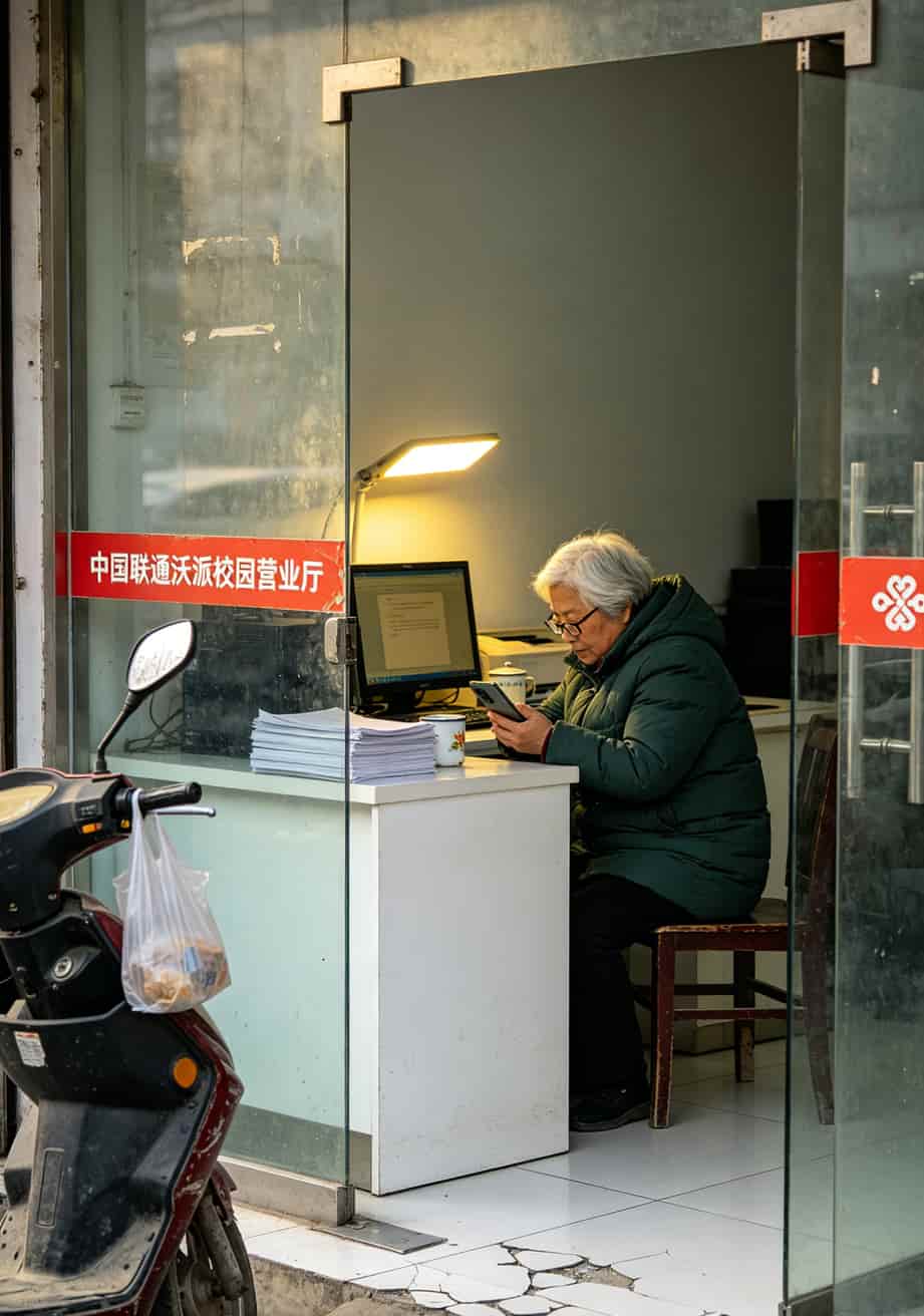 2元不限量流量卡是真是假?实测京东29元卡和校园卡,省下800块 亳州学院南门营业厅实拍,大妈坐在柜台后