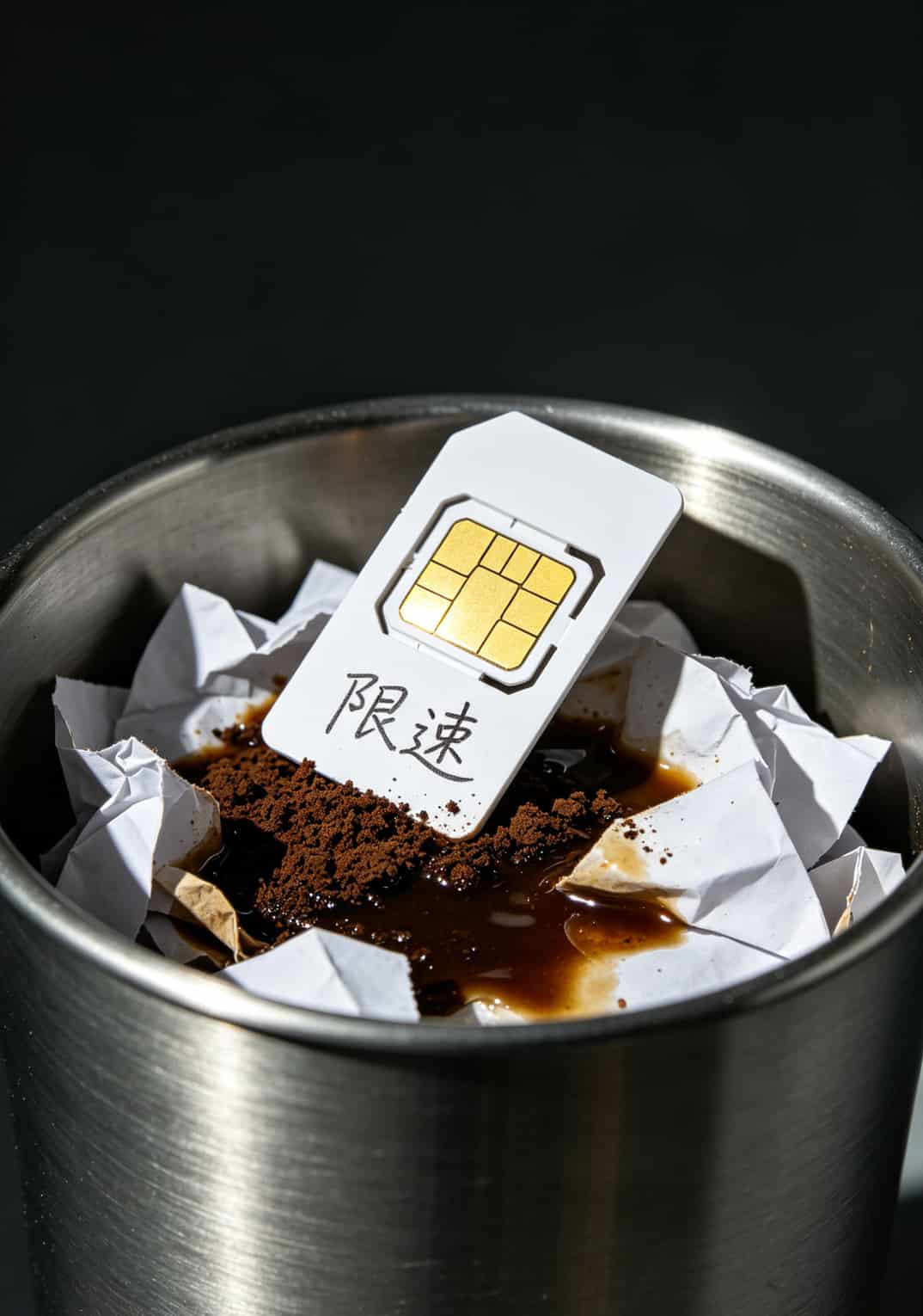 一张废SIM卡被扔进垃圾桶的示意图