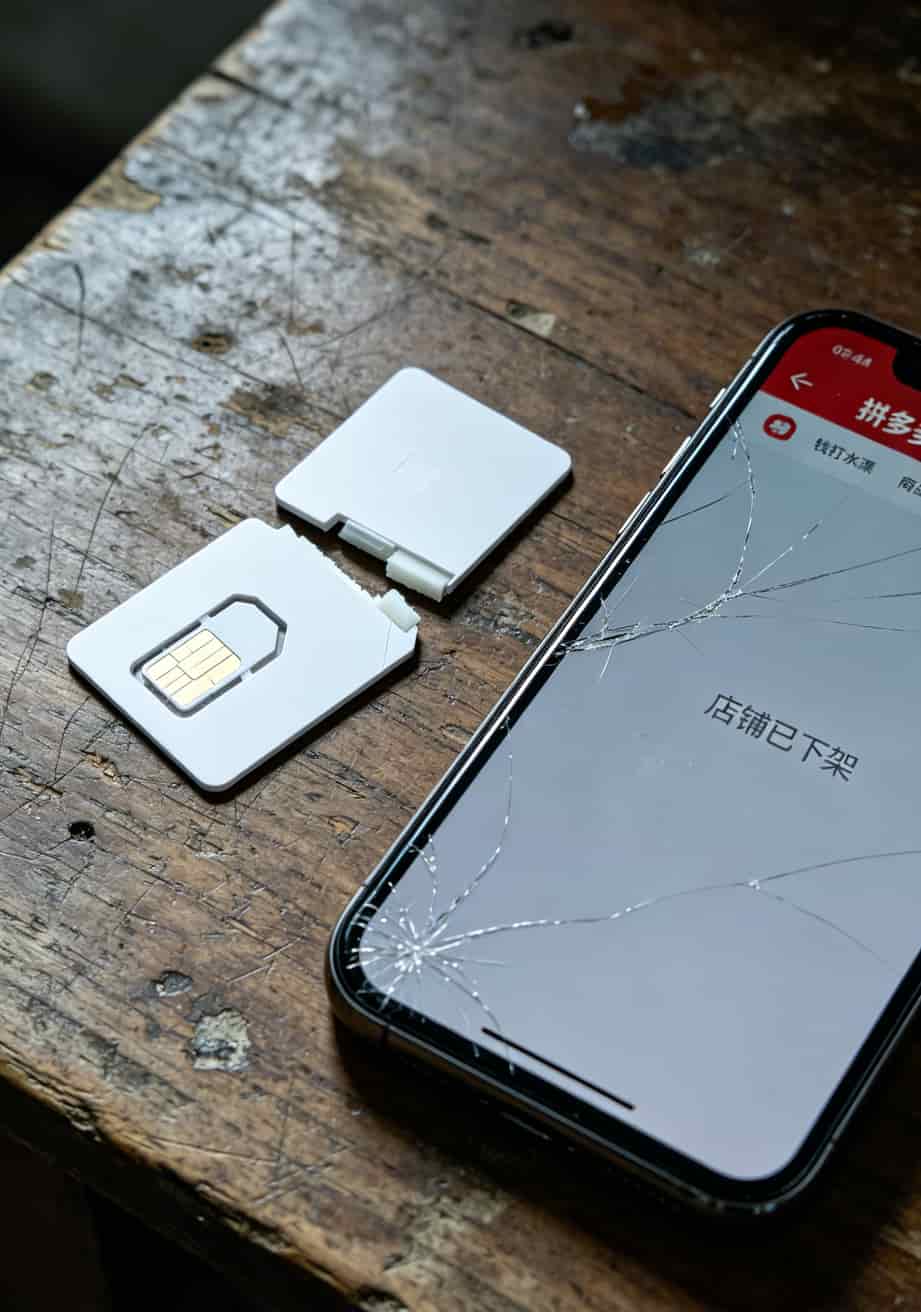 绿灯闪一夜没网?9块钱105g流量卡和华为随身WiFi到底配不配 一张被剪断的流量卡,旁边放着一个显示“店铺已关闭”的手机截图