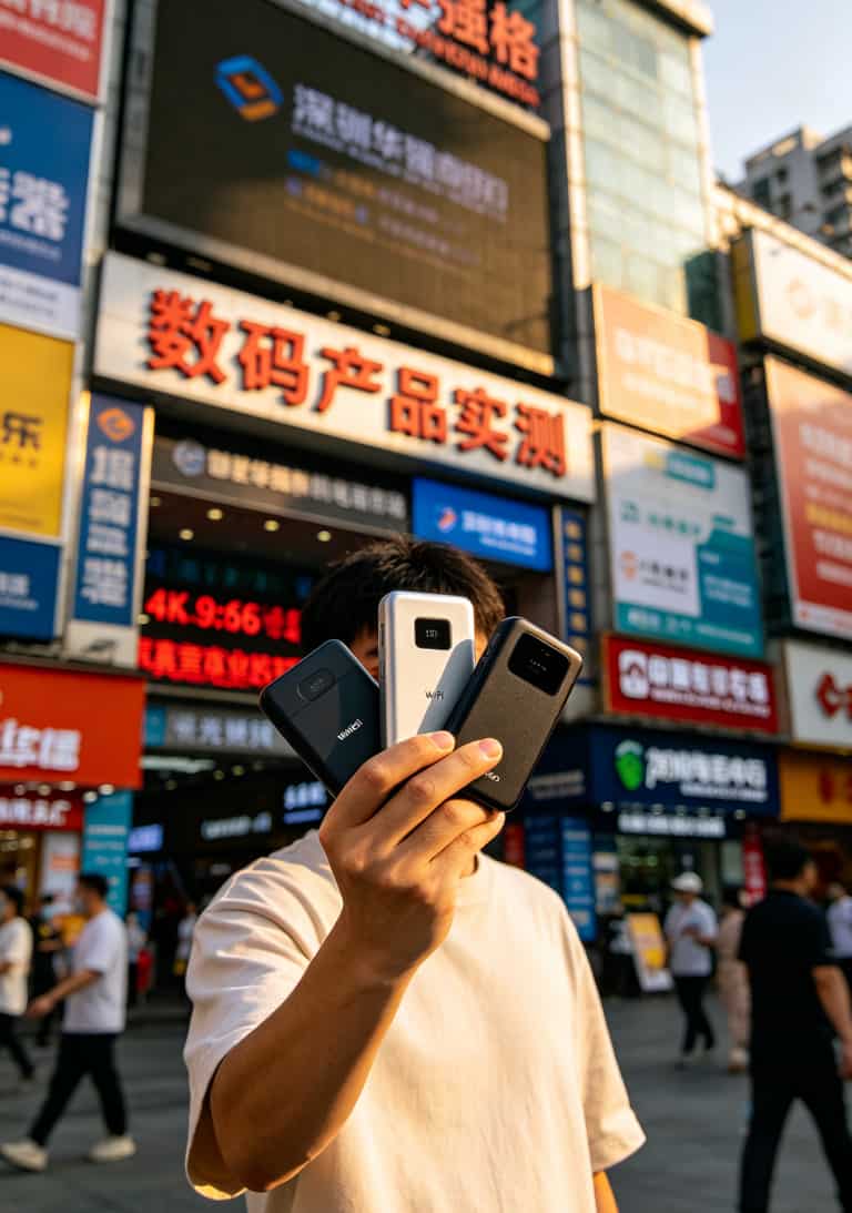 踩坑488块后,我发现这种不要月费的流量卡才是最省钱的(附实测对比) 作者手持三款随身WiFi设备在深圳华强北电子市场门口实拍
