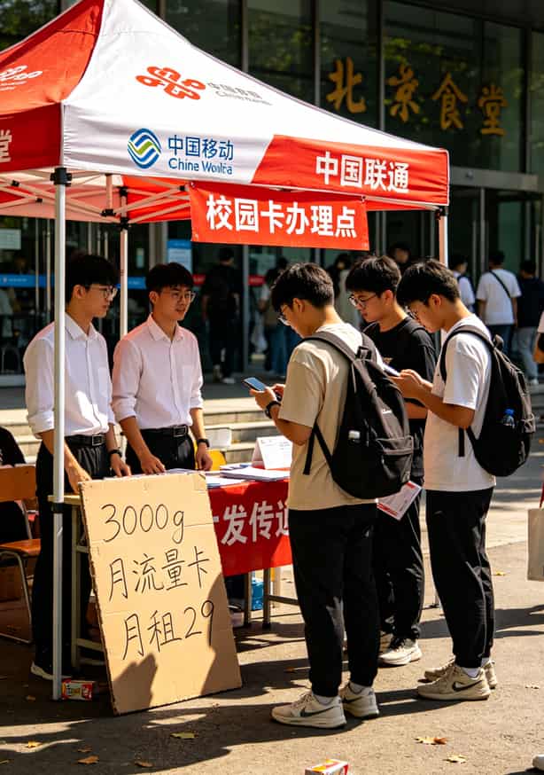 3000g月流量卡是智商税?2025校园卡避坑指南(实测) 北京邮电大学沙河校区食堂门口的办卡帐篷