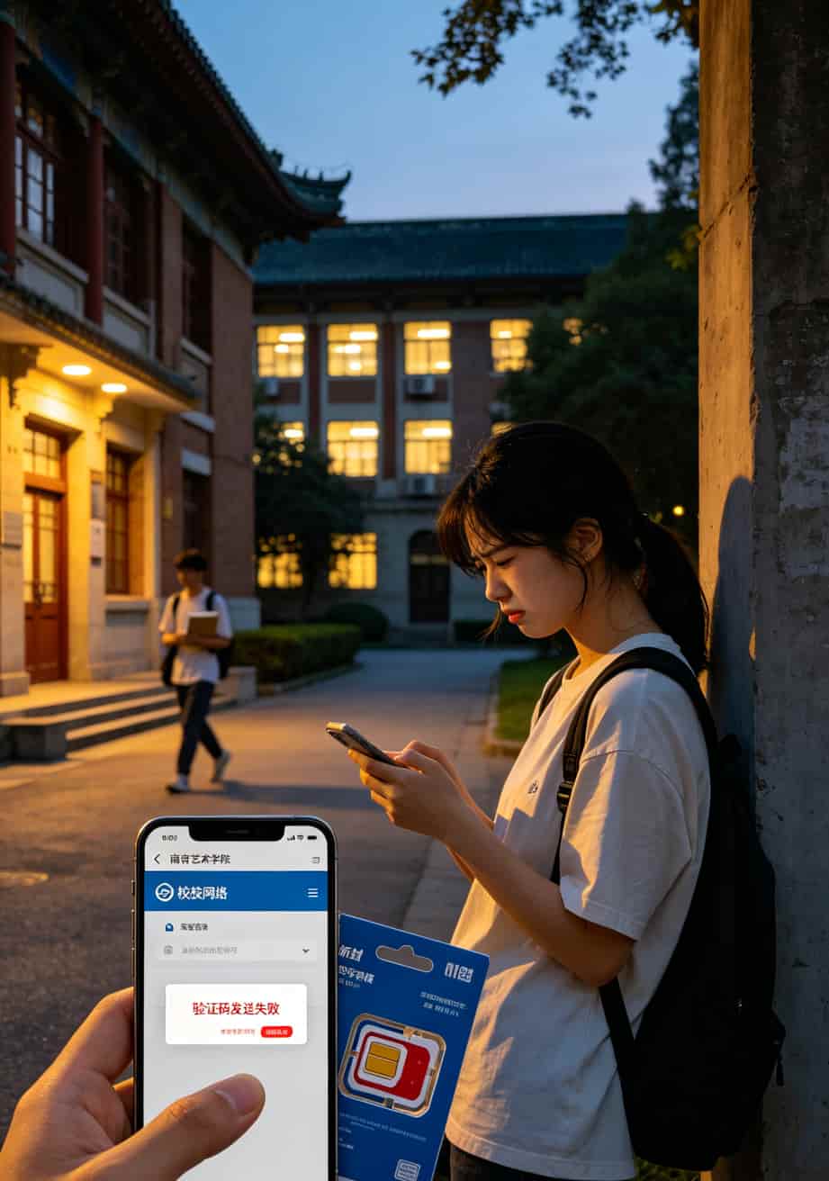 四年踩坑无数,终于找到一张靠谱的“可选归属地流量卡”(学生党必看) 学生拿着手机站在校园网登录页面,提示验证码发送失败