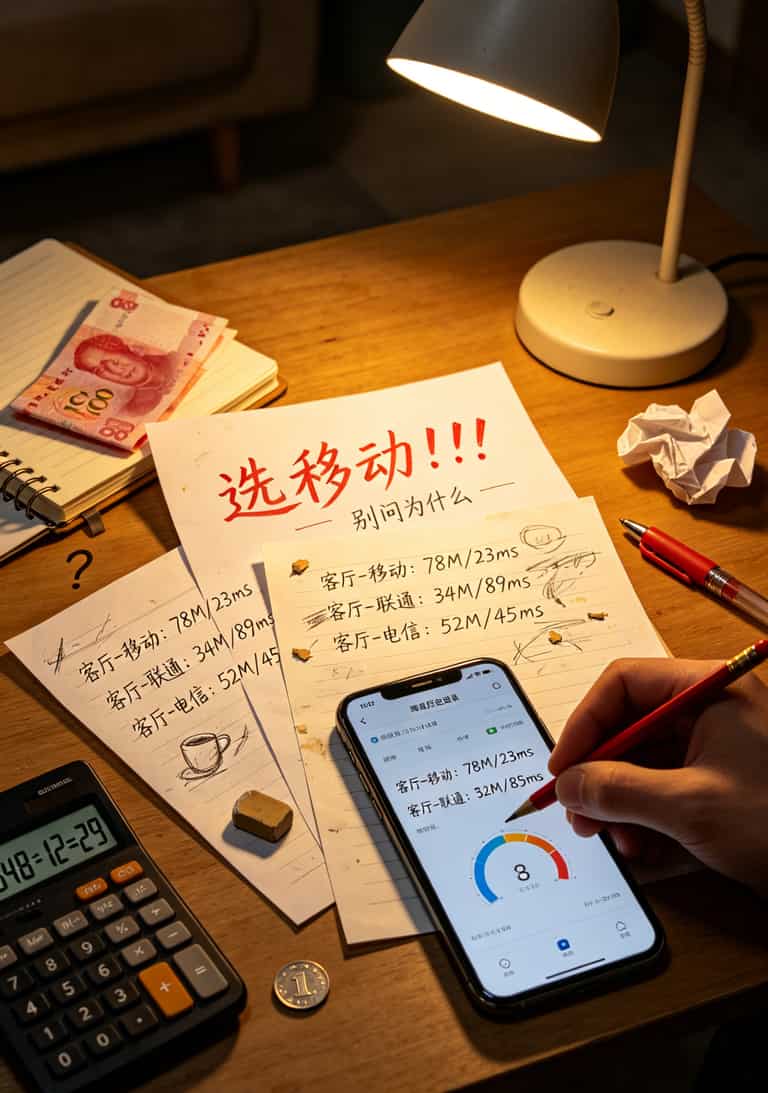 北京老候花了2000块买来的教训:29包月流量卡,千万别闭眼入 手机屏幕显示运营商测速结果对比,移动78Mbps、联通34Mbps、电信52Mbps,旁边手写备注“选移动”