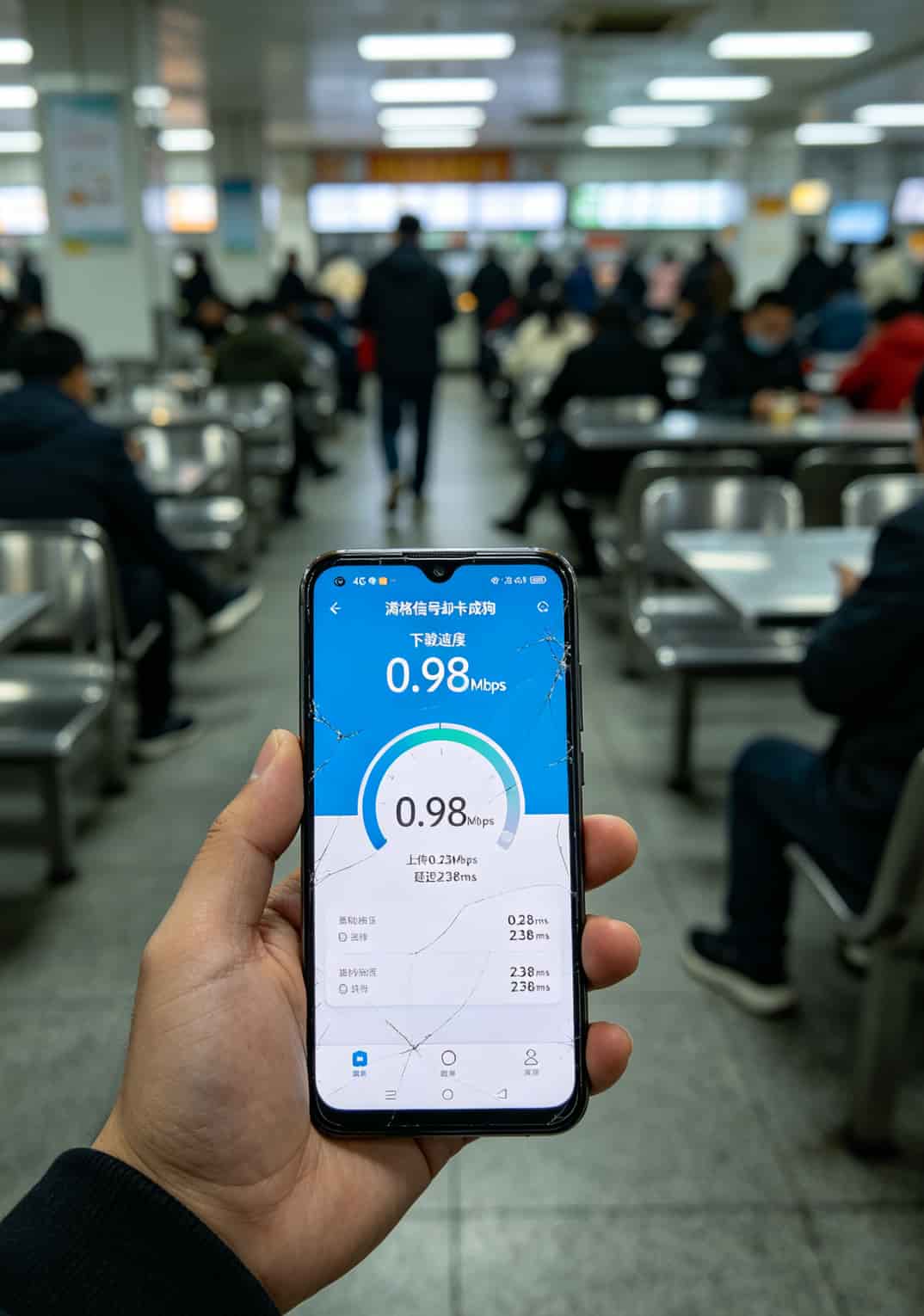 5元移动流量卡,我买了3张全翻车!说句难听的:这5块钱不如扔河里听个响 手机测速截图,显示下载速度0.98Mbps,上传0.23Mbps,信号图标满格