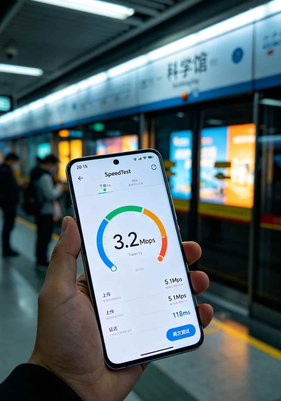 办哪个流量卡流量多?我拿6张卡实测俩月,这张脸都丢尽了 SpeedTest测速截图,显示下载速度只有3.2Mbps,右上角显示晚上8点15分